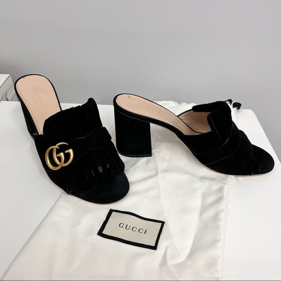 Gucci Shoes - Gucci Suede Marmont Shoes Black Gold GG Fringes Size 39